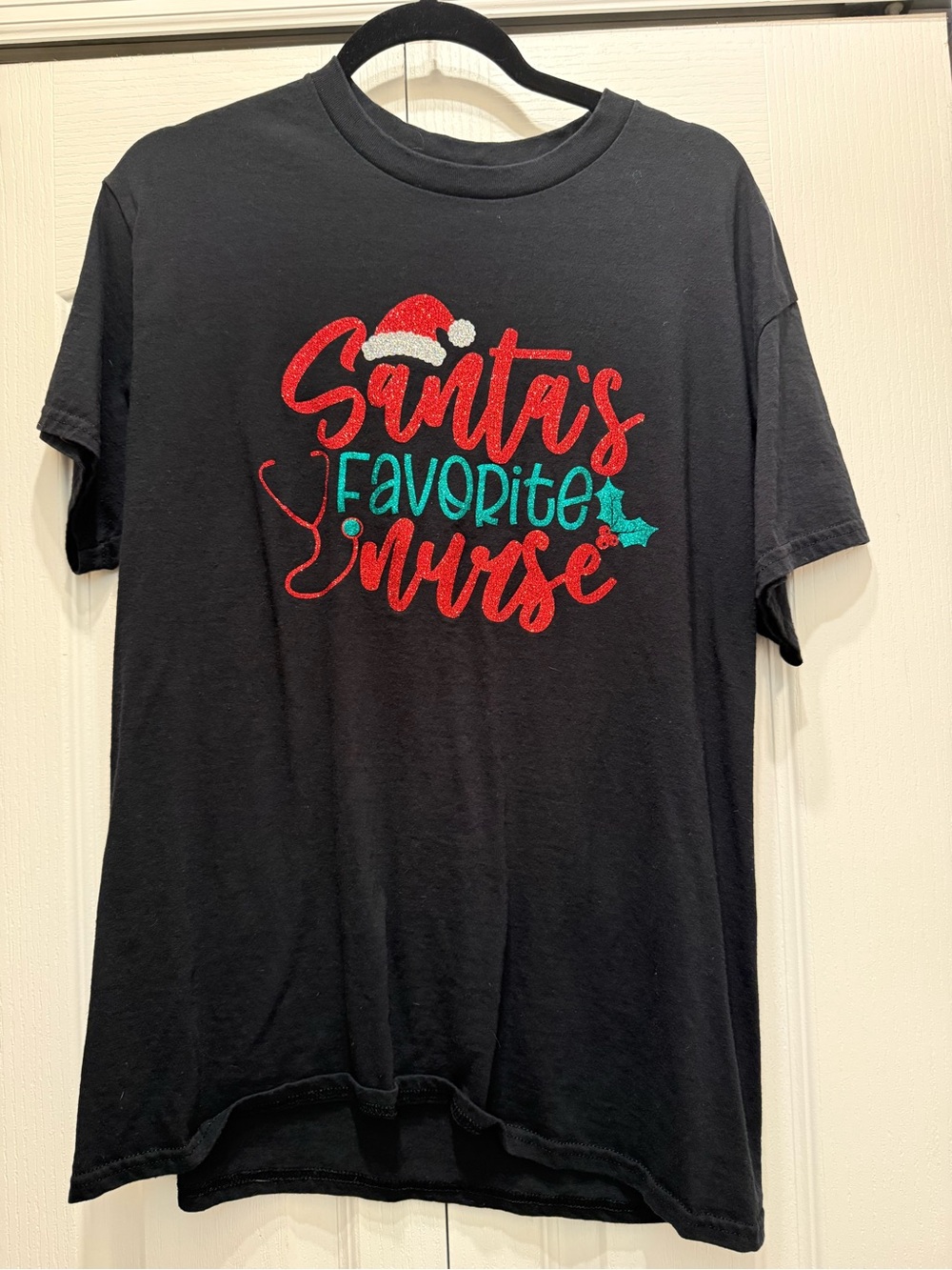 Santa's Favorite Nurse Black Holiday Tee- Large